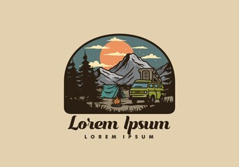 Night mountain camper van illustration drawing