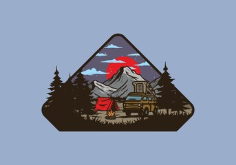 Fototapeta premium Night mountain camper van illustration drawing
