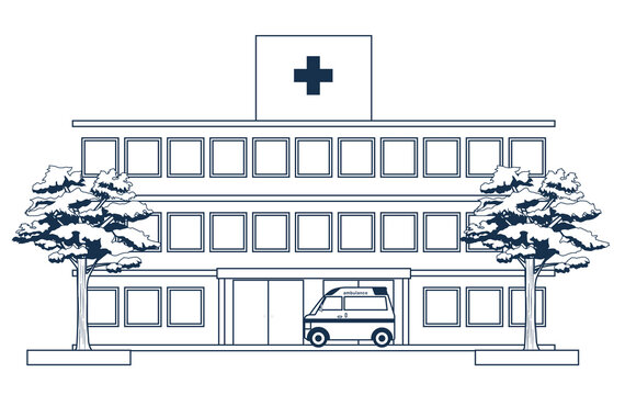hospital building with ambulance, trees, black outline clip art preview