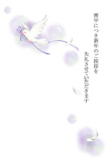 紫のリボンをくわえた白い鳥　喪中はがき　手描き色鉛筆画