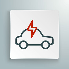 Line Electric car and electrical cable plug charging icon isolated on white background. Renewable eco technologies. Colorful outline concept. Vector