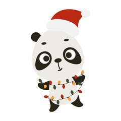Cute Christmas panda with garland on white background. Cartoon animal character for kids cards, baby shower, invitation, poster, t-shirt composition, house interior. Vector stock illustration. © Jexy