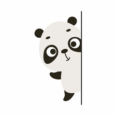 Cute little panda peeking around the corner on white background. Cartoon animal character for kids cards, baby shower, invitation, poster, t-shirt composition, house interior. Vector illustration.