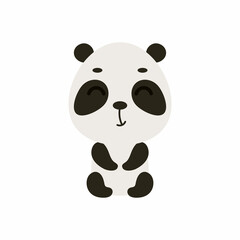 Obraz premium Cute little sitting panda on white background. Cartoon animal character for kids cards, baby shower, invitation, poster, t-shirt composition, house interior. Vector stock illustration.