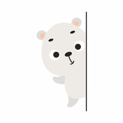 Cute little polar bear peeking around corner on white background. Cartoon animal character for kids cards, baby shower, invitation, poster, t-shirt composition, house interior. Vector illustration.