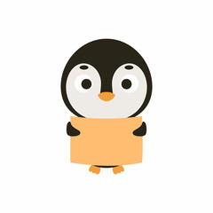 Cute little penguin keep paper sheet on white background. Cartoon animal character for kids cards, baby shower, invitation, poster, t-shirt composition, house interior. Vector stock illustration.