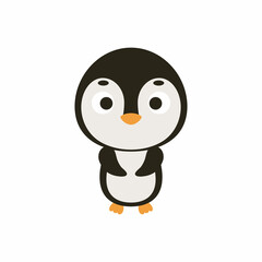 Cute Christmas penguin on white background. Cartoon animal character for kids cards, baby shower, invitation, poster, t-shirt composition, house interior. Vector stock illustration.