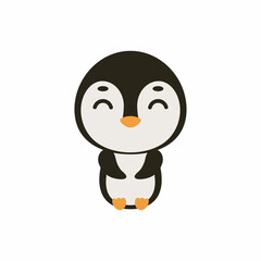 Cute little sitting penguin on white background. Cartoon animal character for kids cards, baby shower, invitation, poster, t-shirt composition, house interior. Vector stock illustration.