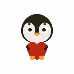 Cute little sitting penguin keep hart on white background. Cartoon animal character for kids cards, baby shower, invitation, poster, t-shirt composition, house interior. Vector stock illustration.