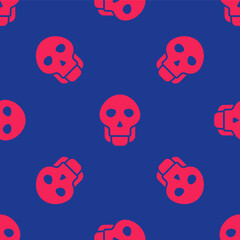 Fototapeta na wymiar Red Skull icon isolated seamless pattern on blue background. Happy Halloween party. Vector