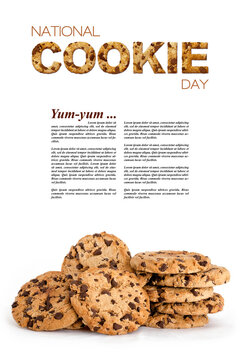 National Cookie Day template design with scrumptious biscuits. Delicious and sweet chocolate cookies