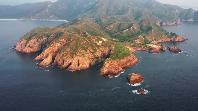Amazing Aerial View of the coastline and mountains near Bate Head, Tai Long Wan, Sai Kung, Country Park in the East of Hong Kong.Sai Kung, a back garden of Hong Kong, with fishing villages, beautiful.