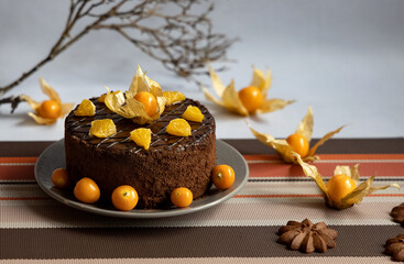 Chocolate cake with yellow physalis and orange slices, delicious for tead