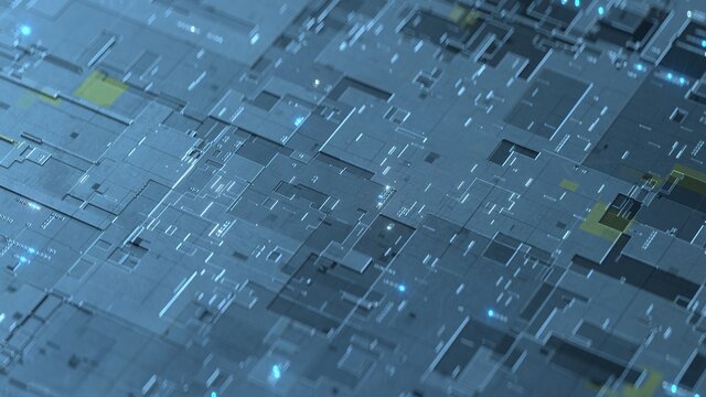 Blue high tech printed board. Abstract futuristic technology background. 3D rendering
