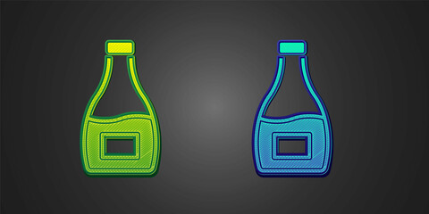 Green and blue Sauce bottle icon isolated on black background. Ketchup, mustard and mayonnaise bottles with sauce for fast food. Vector