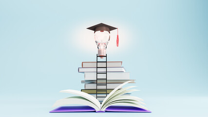 Open book with Graduation hat on light bulb. Education, learning on school and university or idea concept. 3d illustration - Powered by Adobe