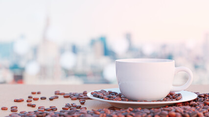 3D Rendering. White cup of coffee on morning background.