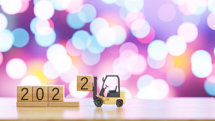 3D Render. forklift lift up year 2022 wooden block on New year andchristmas background.