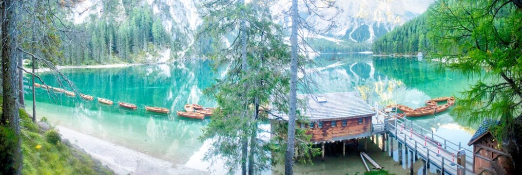 Panoramic view from the top of the stilt house on Lake Braies Dolomites Italy