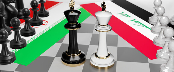 Iran and Iraq - talks, debate, dialog or a confrontation between those two countries shown as two chess kings with flags that symbolize art of meetings and negotiations, 3d illustration