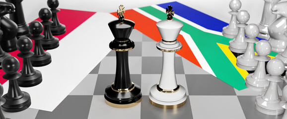 Poland and South Africa - talks, debate, dialog or a confrontation between those two countries shown as two chess kings with flags that symbolize art of meetings and negotiations, 3d illustration