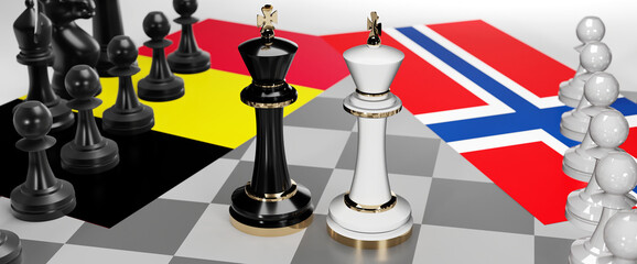 Belgium and Norway - talks, debate, dialog or a confrontation between those two countries shown as two chess kings with flags that symbolize art of meetings and negotiations, 3d illustration