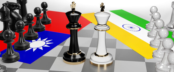 Taiwan and India - talks, debate, dialog or a confrontation between those two countries shown as two chess kings with flags that symbolize art of meetings and negotiations, 3d illustration