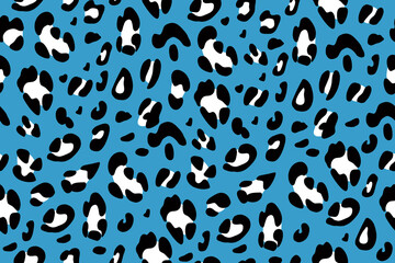 Leopard seamless pattern on a blue background. Animalistic print for clothes. Vector hand-drawn background