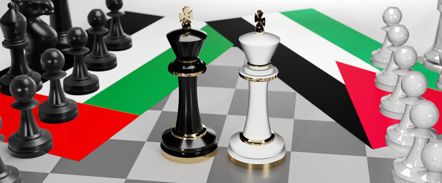 United Arab Emirates and Jordan - talks, debate or dialog between those two countries shown as two chess kings with national flags that symbolize subtle art of diplomacy, 3d illustration