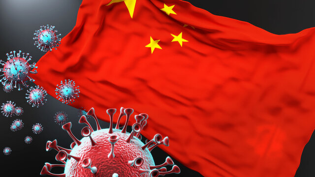 China and the covid pandemic - corona virus attacking national flag of China to symbolize the fight, struggle and the virus presence in this country, 3d illustration