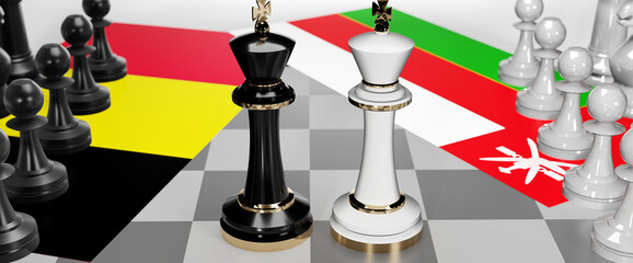 Belgium and Oman - talks, debate, dialog or a confrontation between those two countries shown as two chess kings with flags that symbolize art of meetings and negotiations, 3d illustration