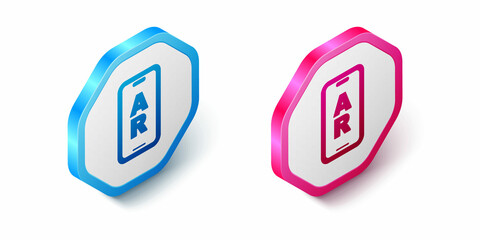 Isometric Augmented reality AR icon isolated on white background. Virtual futuristic wearable devices. Hexagon button. Vector