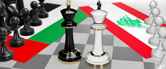 United Arab Emirates and Lebanon - talks, debate or dialog between those two countries shown as two chess kings with national flags that symbolize subtle art of diplomacy, 3d illustration