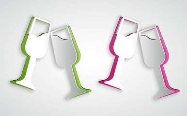 Paper cut Glass of champagne icon isolated on grey background. Merry Christmas and Happy New Year. Paper art style. Vector