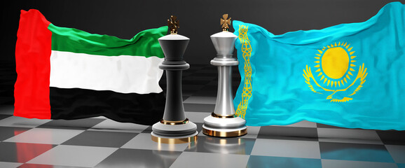 United Arab Emirates Kazakhstan summit, meeting or aliance between those two countries that aims at solving political issues, symbolized by a chess game with national flags, 3d illustration