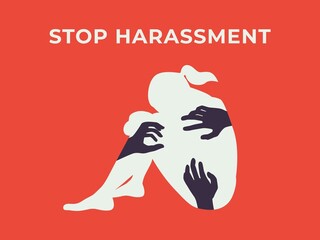 Women abuse, against violence and harassment concept illustration. Woman and Hand Silhouette Symbol - obrazy, fototapety, plakaty