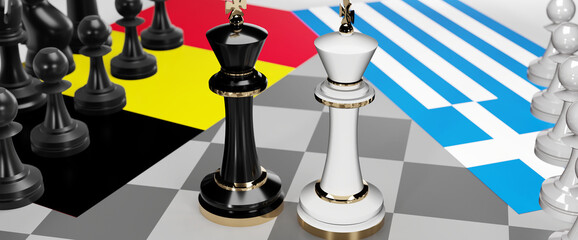 Belgium and Greece - talks, debate, dialog or a confrontation between those two countries shown as two chess kings with flags that symbolize art of meetings and negotiations, 3d illustration