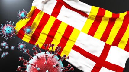 Barcelona and covid pandemic - virus attacking a city flag of Barcelona as a symbol of a fight and struggle with the virus pandemic in this city, 3d illustration