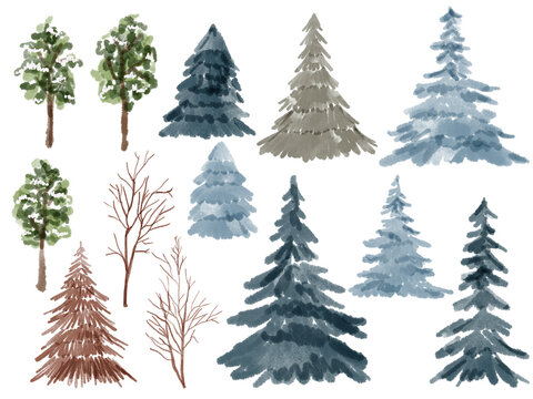 Set of spruce, pine trees, trees, dry wood element isolated on a white background  Illustration