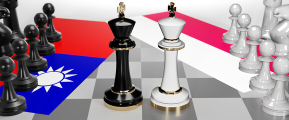 Taiwan and Poland - talks, debate, dialog or a confrontation between those two countries shown as two chess kings with flags that symbolize art of meetings and negotiations, 3d illustration