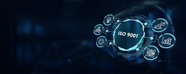 The concept of business, technology, the Internet and the network.  virtual screen of the future and sees the inscription: ISO 9001. 3d illustration