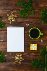 notepad with christmas or new year decoration, template and blank paper with copy space text, business mock up, festive background for plans, goals and resolution