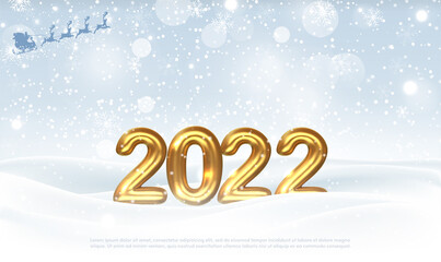 2022 A Happy New Year sign in winter with heavy snowfall. Numbers of year 2022 made by 3d metal gold. Christmas snow and snow flakes. Christmas and New Year holiday background. Vector illustration.