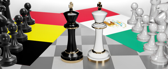 Belgium and Mexico - talks, debate, dialog or a confrontation between those two countries shown as two chess kings with flags that symbolize art of meetings and negotiations, 3d illustration