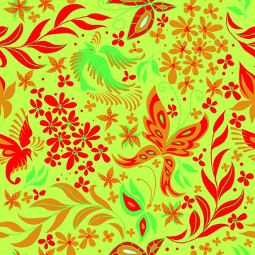 Seamless green and red pattern with tropical birds, butterflies and orchid flowers