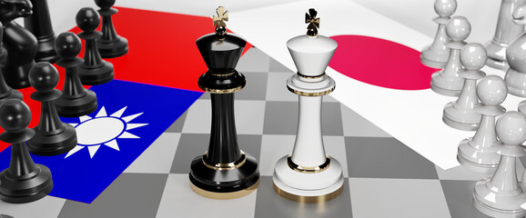 Taiwan and Japan - talks, debate, dialog or a confrontation between those two countries shown as two chess kings with flags that symbolize art of meetings and negotiations, 3d illustration