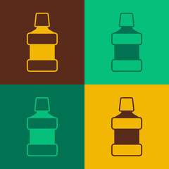 Pop art Mouthwash plastic bottle icon isolated on color background. Liquid for rinsing mouth. Oralcare equipment. Vector