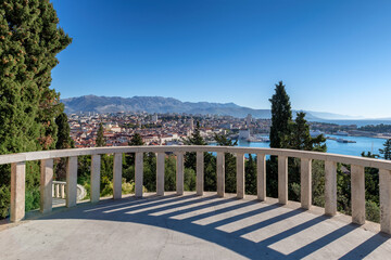 City of Split waterfront view from Viewpoint to Marjan, Dalmatia, Croatia. Viewpoint terrace.