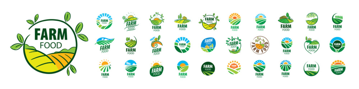 A set of vector Farm Food logos on a white background