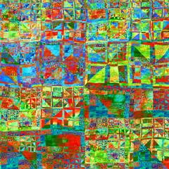 Fototapeta na wymiar Composición de arte digital abstracto consistente en figuras coloridas distorsionadas formando un mosaico geométrico con apariencia de ser afectado por un terremoto.